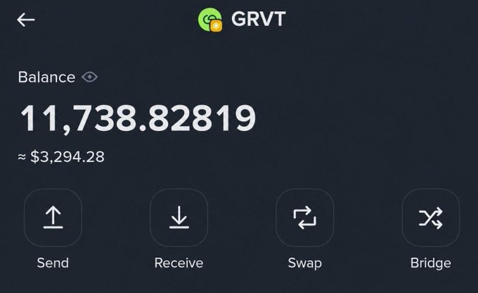 A screenshot of a digital wallet interface displaying a balance of '11,738.82819' (approximately $3,294.28) for GRVT, with buttons for Send, Receive, Swap, and Bridge.