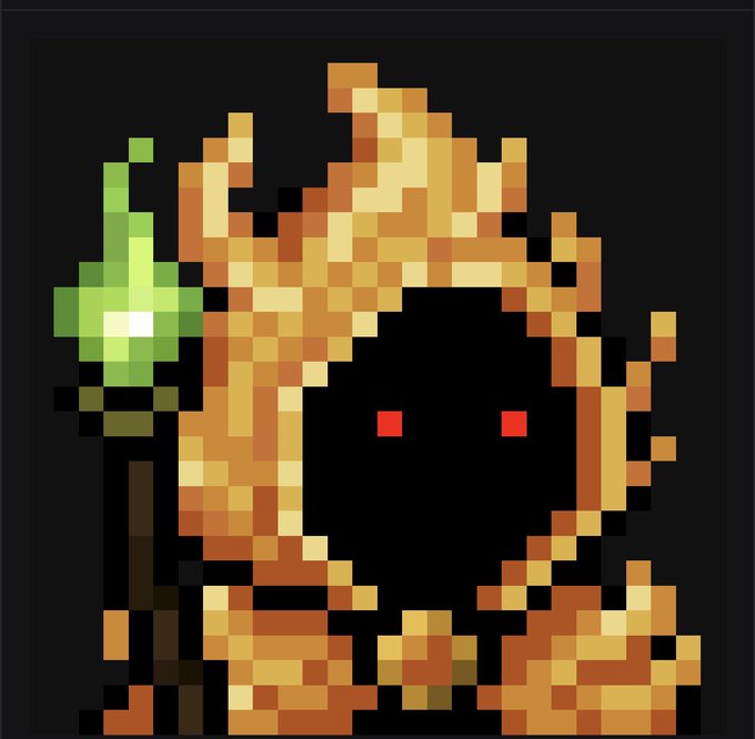 A pixel art image depicts a hooded, shadow-faced figure with glowing red eyes, wearing orange and yellow robes and holding a staff topped with a bright green crystal, set against a black background. The wizard imagery directly illustrates the "WIZARD LEVEL" achievement referenced in the post, celebrating staking and token burning within the Mancer community.