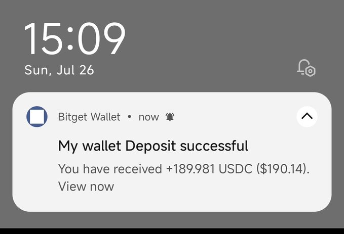 A mobile lock screen notification at 15:09 on Sun, Jul 26 from Bitget Wallet announcing 'My wallet Deposit successful' for '+189.981 USDC ($190.14).'