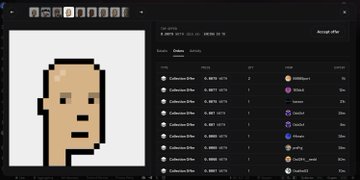 A digital art interface displays a pixel-art profile picture of a bald figure against a white background, alongside a leaderboard showing user rankings and crypto wallet addresses (such as "0xD4B..." and "0x3801...") with ETH volumes. The image relates to the "Opensea" post by illustrating the platform's marketplace interface, where users can mint, buy, or sell NFT profile pictures like the pixelated one shown.