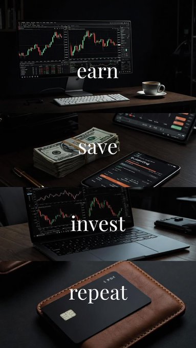 A vertical collage showing financial imagery with text overlays reading 'earn', 'save', 'invest', and 'repeat', featuring monitors with stock charts, stacks of cash, a laptop displaying trading graphs, and a credit card.
