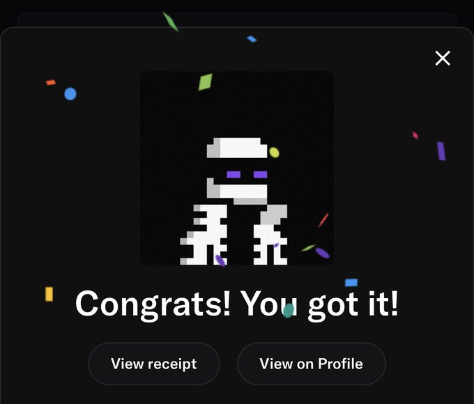 The image displays a congratulations popup with confetti, featuring pixelated bot mascots and the text "Congrats! You got it!" along with "View receipt" and "View on Profile" buttons, celebrating a successful NFT mint of a @bangerbots collection.