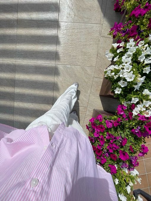 A first-person photo showing a person wearing a pink and white striped shirt and white pants, standing on tiled flooring next to planters overflowing with white and magenta petunias.