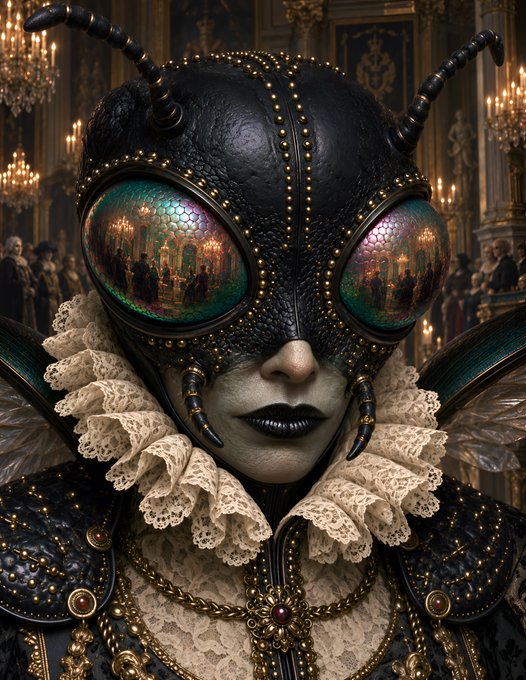 A detailed digital artwork depicting an ornate figure wearing a black studded insect-like helmet with iridescent compound eyes reflecting a grand ballroom scene, an elaborate cream lace ruff collar, and gilded baroque clothing in an opulent palace setting.