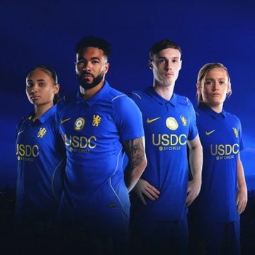 Four Chelsea FC players model the team's new home kit featuring the USDC logo and "Circle" branding as the front-of-shirt sponsor against a deep blue backdrop. The image visually announces the new partnership, aligning with Chelsea's announcement of Circle as their front-of-shirt sponsor with USDC appearing on jerseys starting this Sunday.