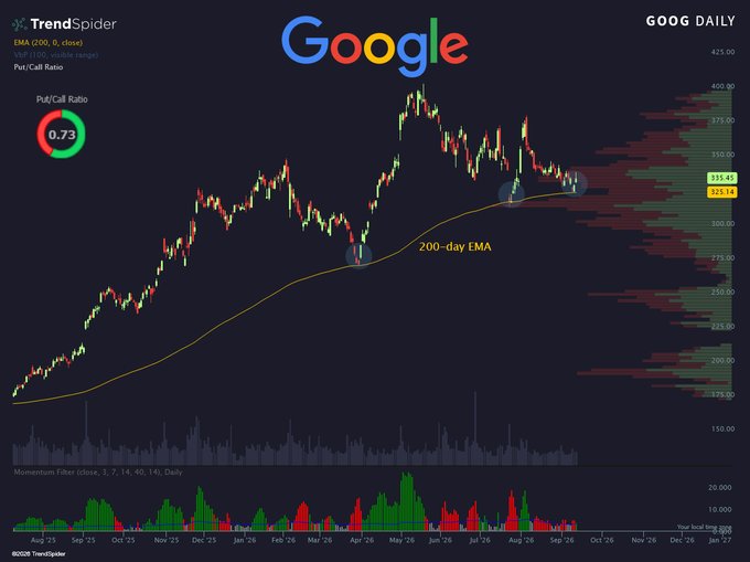 TrendSpider daily chart of Google (GOOG) showing price holding support at the 200-day EMA ($325.14, current price $335.45), with a Put/Call Ratio of 0.73 and a visible volume profile on the right side highlighting key price levels. The chart illustrates the post's observation that the stock is successfully holding the critical 200-day moving average as support.