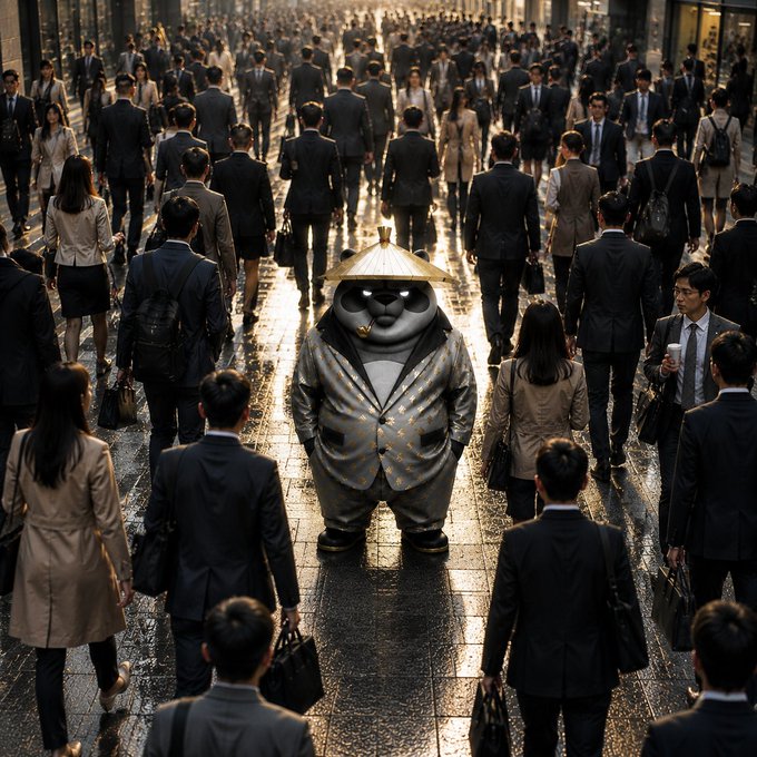 A stylized panda in a suit and hat stands out from a crowd of business people in suits. This image visually represents the message of the accompanying post to stay true to yourself, even when immersed in a crowd.