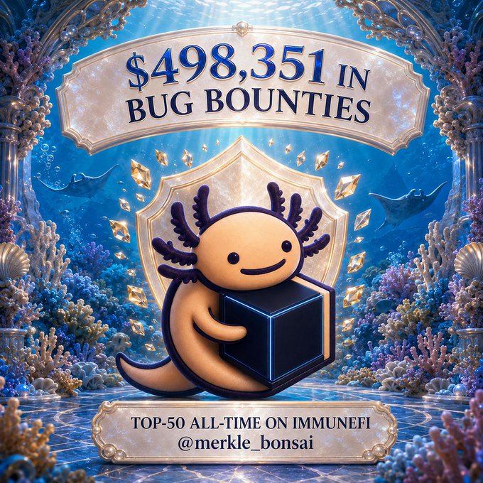 A digital illustration features an axolotl-like character holding a black cube, with a banner reading '$498,351 IN BUG BOUNTIES' and text below stating 'TOP-50 ALL-TIME ON IMMUNEFI @merkle_bonsai'.