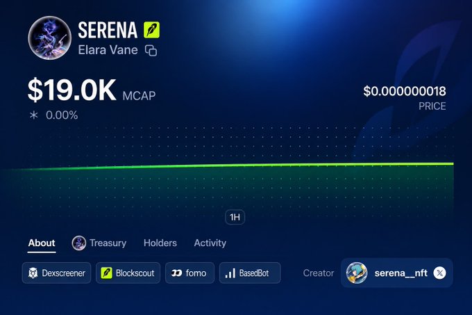 A crypto token dashboard displaying "SERENA" by creator Elara Vane with a $19.0K market cap and a price of $0.0000000018, likely shown as an example of a character token quickly launched on Robinhood chain using Charms AI.