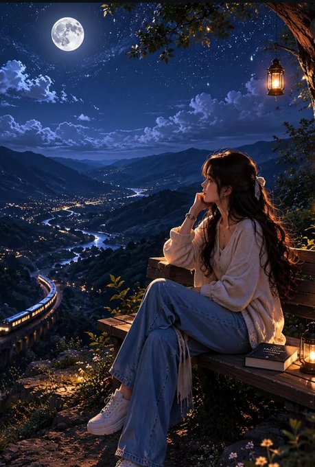 An anime-style illustration of a young woman with long dark hair sitting on a wooden bench, gazing at a moonlit mountain landscape with a winding train below and a glowing lantern overhead.