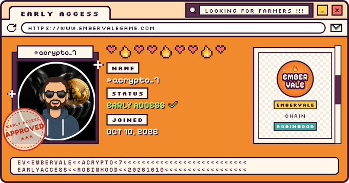 A digital profile card for "aorypto.1" with "EARLY ACCESS" status, showing an avatar of a man with sunglasses and a beard, linked to embervalegame.com and Robinhood.