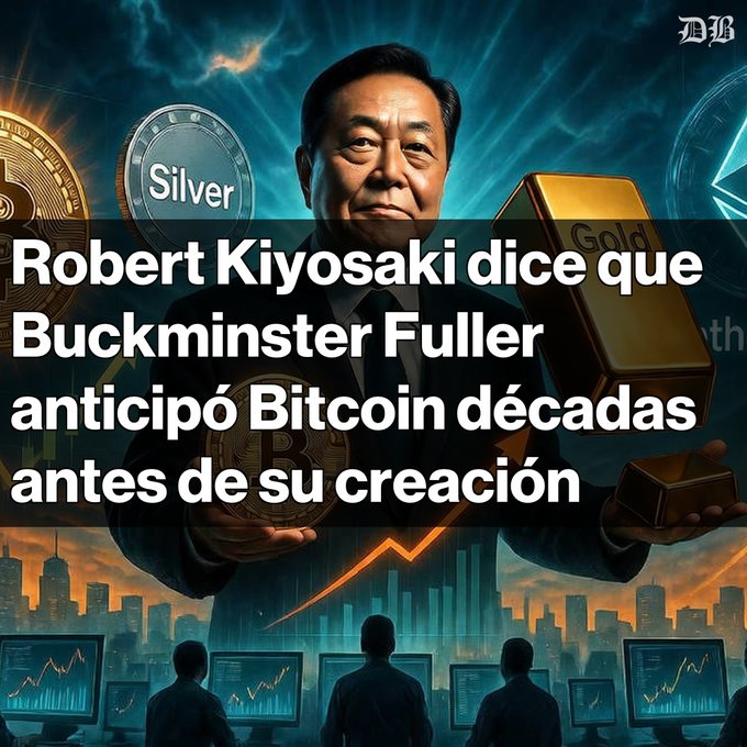 A dramatic AI-generated image features a man resembling Robert Kiyosaki holding gold bars and a Bitcoin coin, with "Silver" and "Gold" coins and a city skyline with traders at monitors in the background. The Spanish text overlay reads "Robert Kiyosaki dice que Buckminster Fuller anticipó Bitcoin décadas antes de su creación," illustrating Kiyosaki's claim that Fuller's 1967 concept linking wealth to energy foreshadowed cryptocurrency.