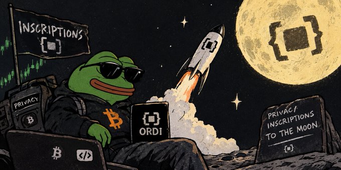 A Pepe the Frog meme artwork depicting the frog wearing sunglasses and a Bitcoin jacket, surrounded by laptops and a rocket, with "INSCRIPTIONS", "PRIVACY", "ORDI", and "PRIVACY INSCRIPTIONS TO THE MOON" text.