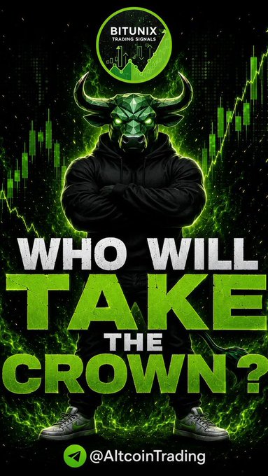 A promotional graphic for Bitunix Trading Signals features a glowing green bull mascot in a hoodie against a candlestick chart backdrop, with bold text reading "WHO WILL TAKE THE CROWN?" and the handle "@AltcoinTrading" at the bottom.

The image ties into the post by visually hyping the upcoming AltcoinTrading Referral Competition, using the fierce bull and competitive "take the crown" messaging to rally users to compete for the leaderboard and USDT rewards.