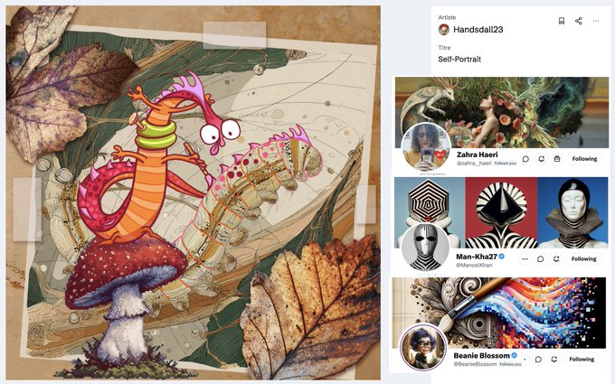 The image features a social media post with two different pictures side by side, both of which are related to a post about a self-portrait. The left picture shows an illustration of a mushroom with a dragon head, while the right picture displays a photo of a person's face. Both images have captions that provide context and information about the content.