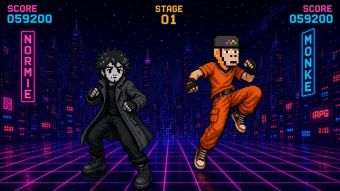 Pixel-art style fighting game screen featuring two characters labeled 'NORMIE' and 'MONKE' with a score of 059200, stage 01, set against a neon cityscape background.