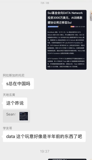 A chat interface shows a conversation in Chinese discussing 'Sui基金会' (Sui Foundation) and 'DATA Network', with messages asking if the Sui CEO is in China and commenting that the data is about half a year old.