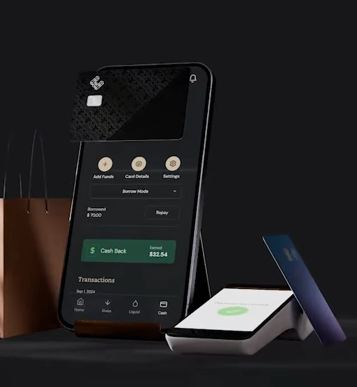 Product photograph of a smartphone displaying a fintech app with options like 'Add Funds', 'Card Details', 'Borrow Mode', and 'Cash Back', alongside a payment terminal and card.