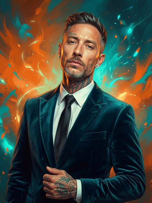 A digital portrait of a tattooed man in a dark green velvet suit and black tie, standing against a swirling orange and teal fiery background.