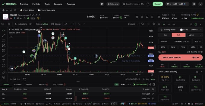 A Terminal trading interface displays real-time price charts and trade data for ETHCAT/ETH on Ethereum, showing a 24-hour volume of 174K, a market cap of $403.4K, and recent buy/sell orders at $402.6K–$403.1K, while the caption highlights the user's enthusiasm for the token as "the original cat on ETH" and urges viewers to examine their buy orders against the broader market picture.