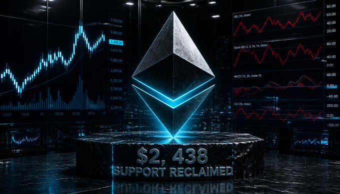 Ethereum logo with '$2,438 Support Reclaimed' text, surrounded by candlestick charts in a dark trading environment.