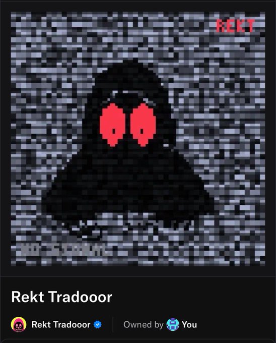 The image displays an NFT titled "Rekt Tradooor" featuring a pixelated hooded figure with red eyes against a static-filled gray background, with a "REKT" label in the top right. It relates to the post about minting @rektguy as the user proudly shows ownership of this NFT, likely celebrating the collection's appreciation from $45 to $190.
