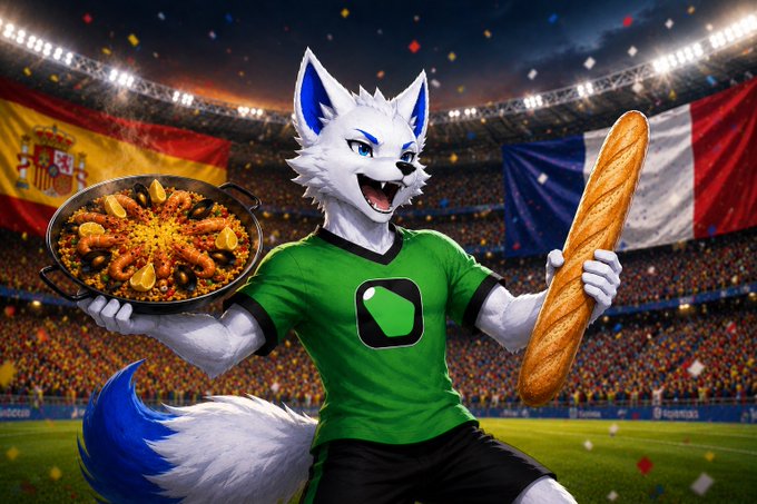 A digital illustration of an anthropomorphic white wolf mascot wearing a green soccer jersey, holding a paella dish and a baguette, standing in a stadium with the Spanish and French flags in the background.