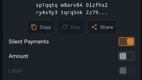 This screenshot from the Ibis wallet v5.0-beta displays a dark interface featuring a transaction code at the top, along with "Copy," "New," and "Share" buttons, and toggles for "Silent Payments" (enabled), "Amount" (disabled), and "Label" (disabled).