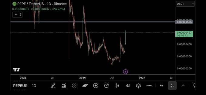 A TradingView chart of PEPE/TetherUS on Binance shows the cryptocurrency up 24.25% to 0.00000497, supporting the post's claim of a massive daily surge. The 1-day candlestick chart displays a sharp rally off recent lows near 0.00000200, illustrating the "mad" bullish move referenced in the caption.