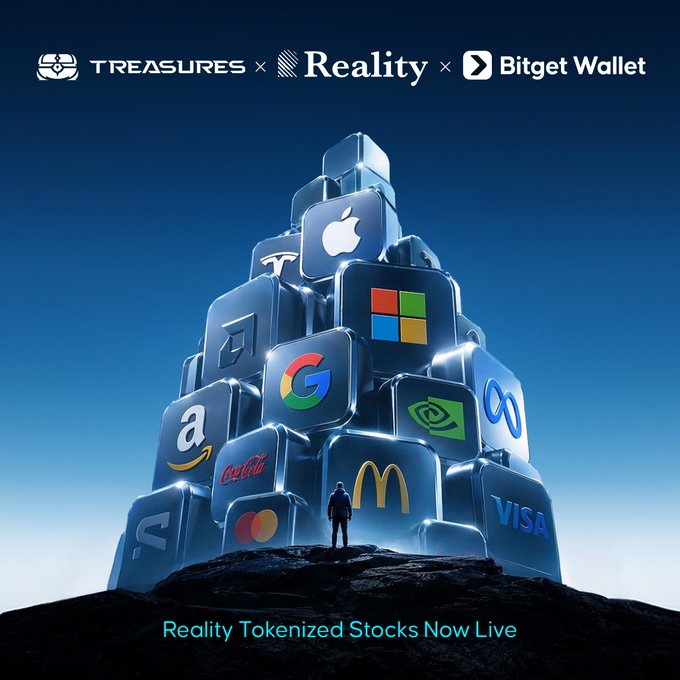 A promotional graphic for "TREASURES x Reality x Bitget Wallet" featuring a tower of 3D cubes with company logos (Apple, Tesla, Google, Microsoft, Visa, etc.) and the text "Reality Tokenized Stocks Now Live."