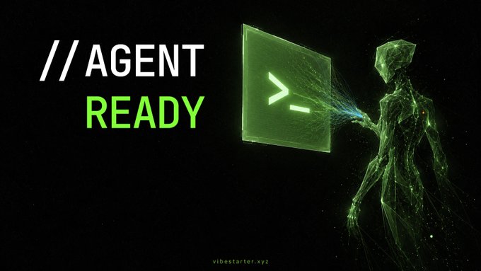 A green-themed graphic reading '// AGENT READY' featuring a wireframe humanoid figure interacting with a terminal interface, with the text 'vibestarter.xyz' at the bottom.