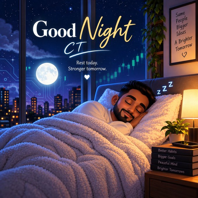 A digital illustration titled 'Good Night CT' with the subtitle 'Rest today. Stronger tomorrow.', depicting a bearded man sleeping peacefully in a cozy bedroom with a moonlit city skyline visible through the window.