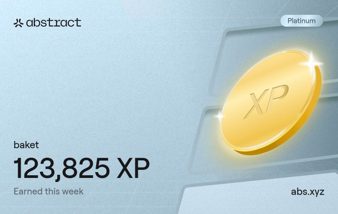 An Abstract platform card showing user 'baket' earned 123,825 XP this week, featuring a gold XP coin and a 'Platinum' tier badge on a light blue background with the abs.xyz branding.