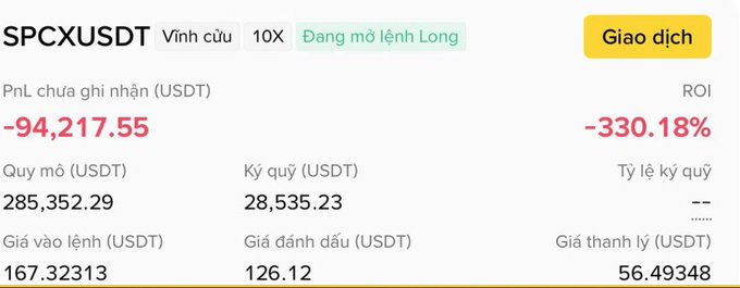 Binance futures trading interface in Vietnamese showing a SPCXUSDT perpetual 10X long position with an unrealized PnL of -94,217.55 USDT and ROI of -330.18%.