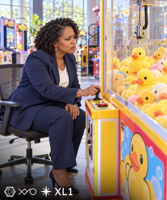 A woman in a navy business suit sits at a claw machine, intently maneuvering the joystick to grab a yellow rubber duck from a pile of plush ducks, with arcade machines visible in the background.