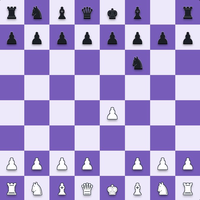 The image features a purple chessboard with white pieces arranged in an opening position for two players, one of whom has already made their first move. The game appears to be a strategy-based game that requires critical thinking and planning skills. The post also mentions that there is a new arcade game called "PI Chess" available on the internet, which could potentially attract chess enthusiasts looking for a fun way to practice or challenge themselves against opponents from around the world.