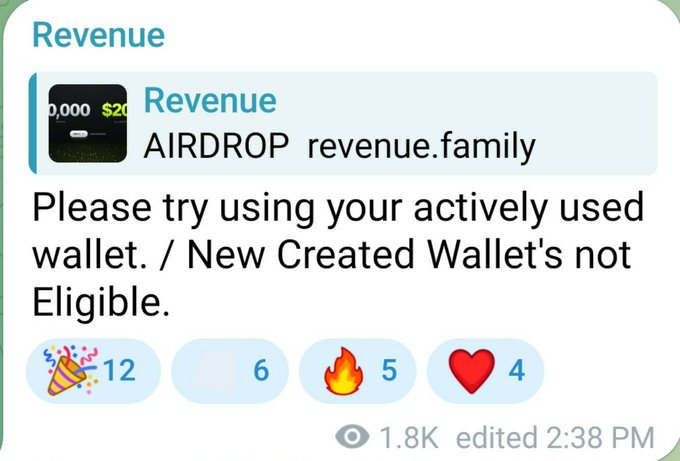 A Telegram message from 'Revenue' about an airdrop from revenue.family, stating 'Please try using your actively used wallet. / New Created Wallet's not Eligible.' with 12 party reactions, 6 other reactions, 5 fire reactions, and 4 heart reactions, viewed 1.8K times and edited at 2:38 PM.