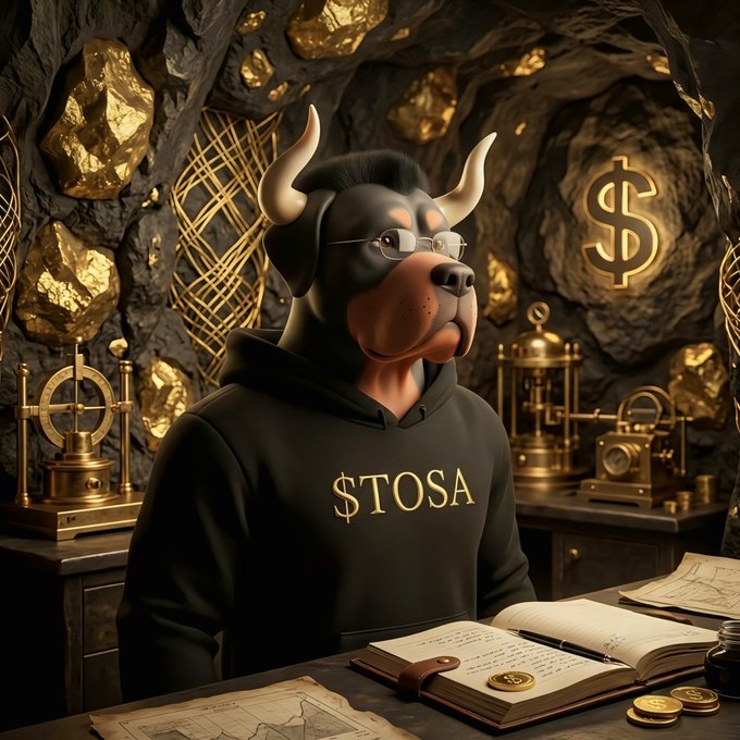 An anthropomorphic bull wearing glasses and a black hoodie emblazoned with "$TOSA" sits at a desk in a gold-veined cavern, surrounded by coins, an open ledger, and a glowing dollar sign—visually channeling the post's message of $TOSA as the bullish, momentum-driving force on the BNB chain.