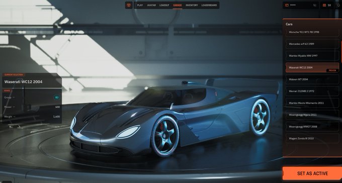 A sleek "Waserati WC12 2004" sports car is showcased on a turntable in a garage menu, with its key stats displayed (Power: 400, Weight: 1,400) and a "SET AS ACTIVE" button highlighted. The image perfectly matches the post about taking the Waserati WC12 2004 out for a spin in WilderWorld while streaming on Blaze.