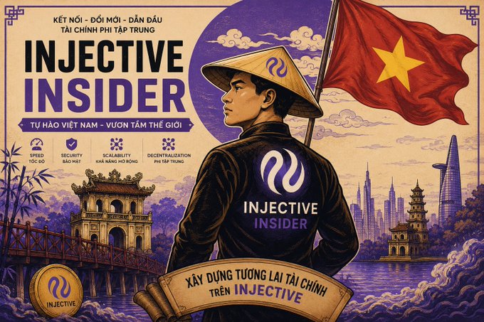 The image features a man standing next to an Asian flag with the words "Native Injective" written above him. The man appears to be wearing traditional clothing from Asia. The background of the image shows a city skyline, which adds context to the setting. The caption below the image reads "Native Injective EVM".