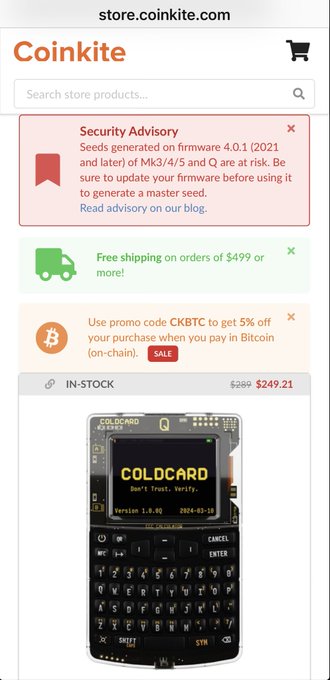 The image shows the Coinkite store webpage featuring a COLDCARD Mk4 Bitcoin hardware wallet (Version 1.6.0) on sale for $249.21, down from $289, with a promo code "CKBTC" offering 5% off for Bitcoin payments. The advertised discount aligns with the post's mention of the item being "On sale."