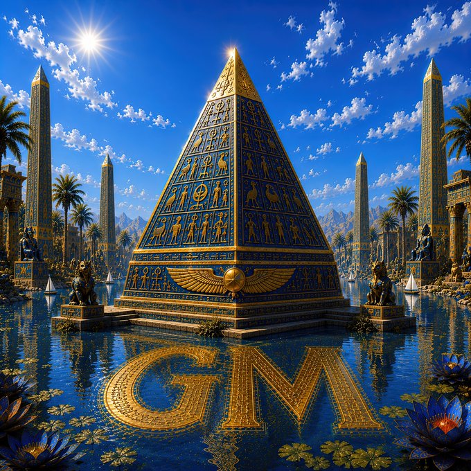 An ornate golden and blue pyramid with hieroglyphic carvings stands in water, flanked by obelisks, with "GM" reflected in the water below.