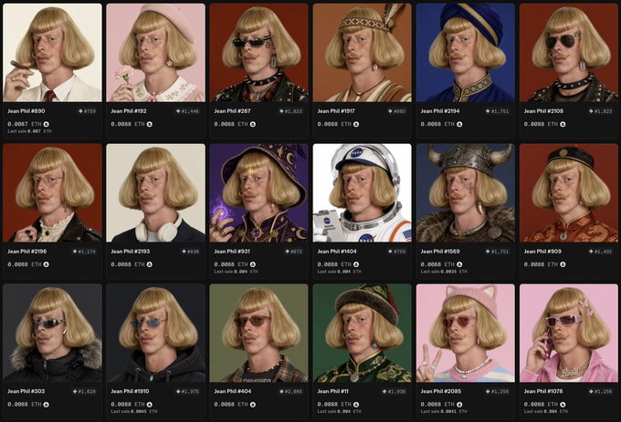 Grid of 18 NFT-style portrait photos of a blonde woman styled in various cosplay outfits, including a pilot, astronaut, and various costumed personas, each labeled as "Jean Phil" with different edition numbers and ETH prices.