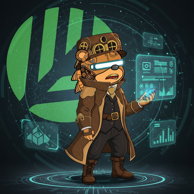 A digital illustration of a steampunk-style teddy bear wearing a trench coat, top hat with goggles, and a glowing eyepiece, standing against a green tech-themed background with holographic charts.