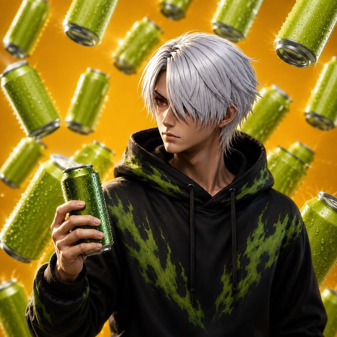 Anime-style digital artwork depicting a silver-haired young man with red eyes wearing a black and green hoodie, holding a green beverage can against a yellow background filled with floating green soda cans.