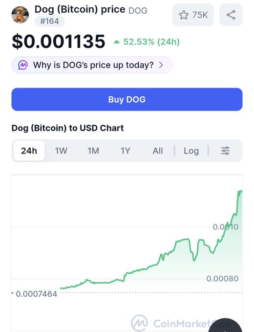 CoinMarketCap page showing Dog (Bitcoin) DOG token price at $0.001135 with a 52.53% 24-hour increase, featuring a 'Buy DOG' button and a green price chart trending upward.