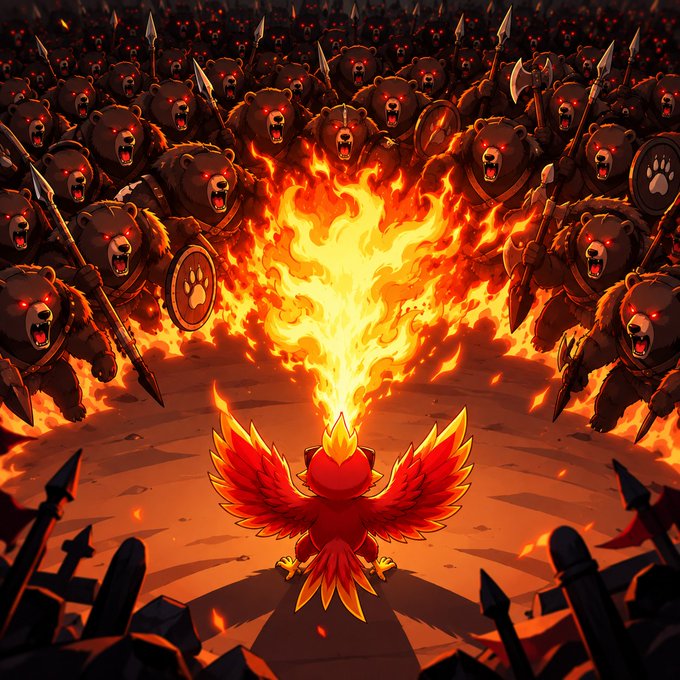 A small fiery phoenix labeled "$PHNIX" stands defiantly against an overwhelming horde of menacing, spear-wielding bears, embodying the message that no matter the odds, $PHNIX conquers.