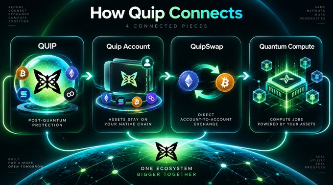An infographic titled 'How Quip Connects' illustrates a four-part crypto ecosystem including Quip, Quip Account, QuipSwap, and Quantum Compute.