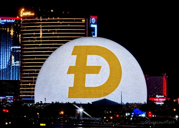 The Las Vegas Sphere illuminated at night displaying a large yellow Dogecoin 'Ð' symbol, with the watermark @DogeCoinPost.