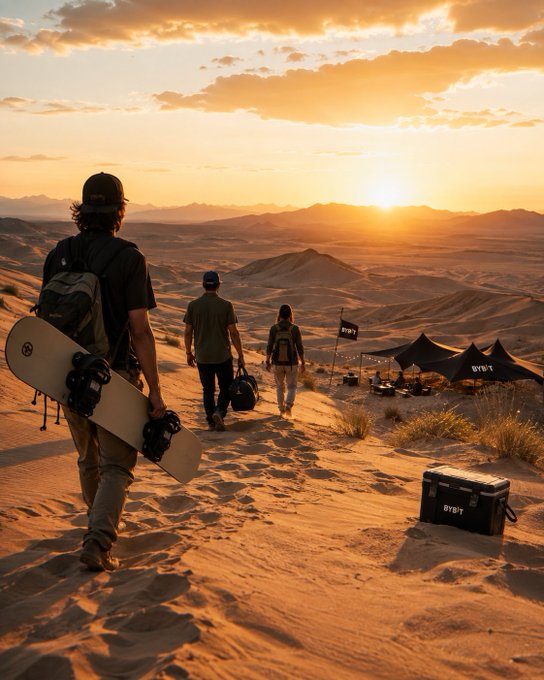 A desert sunset scene with people walking toward a campsite featuring BYBIT-branded tents and a cooler, with one person carrying a snowboard.